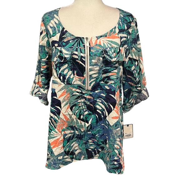 Dana Buchman Tops - Dana Buchman Linen Blend Tropical Palm 3/4 Sleeve Zip Front Blouse